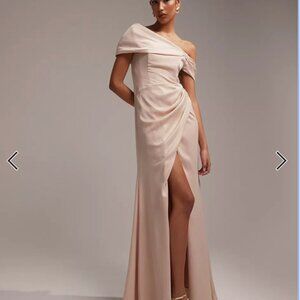 ASOS DESIGN Bridesmaid satin bardot drape wrap maxi dress in blush